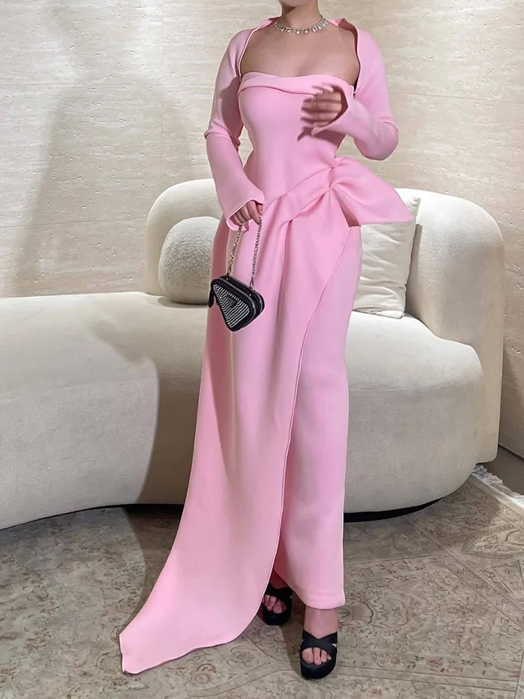 

Solid Color High Waist Dress Fashion Banquet Slim Women's Dress Two Piece Sets Elegant Tube Top Bow Lace Up Pleated Dress Sets