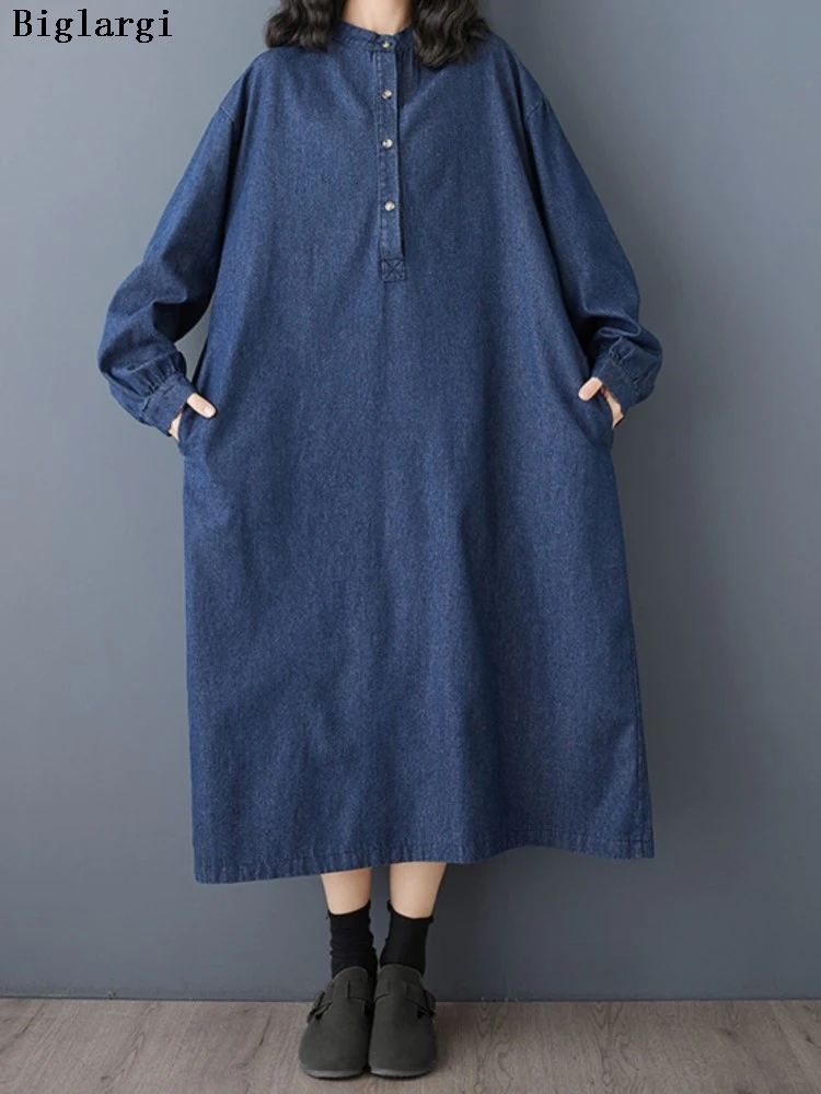 

Oversized Spring Autumn Denim Dress Women A-Line Loose Fashion Ruffle Pleated Ladies Dresses Long Sleeve Woman Long Dress