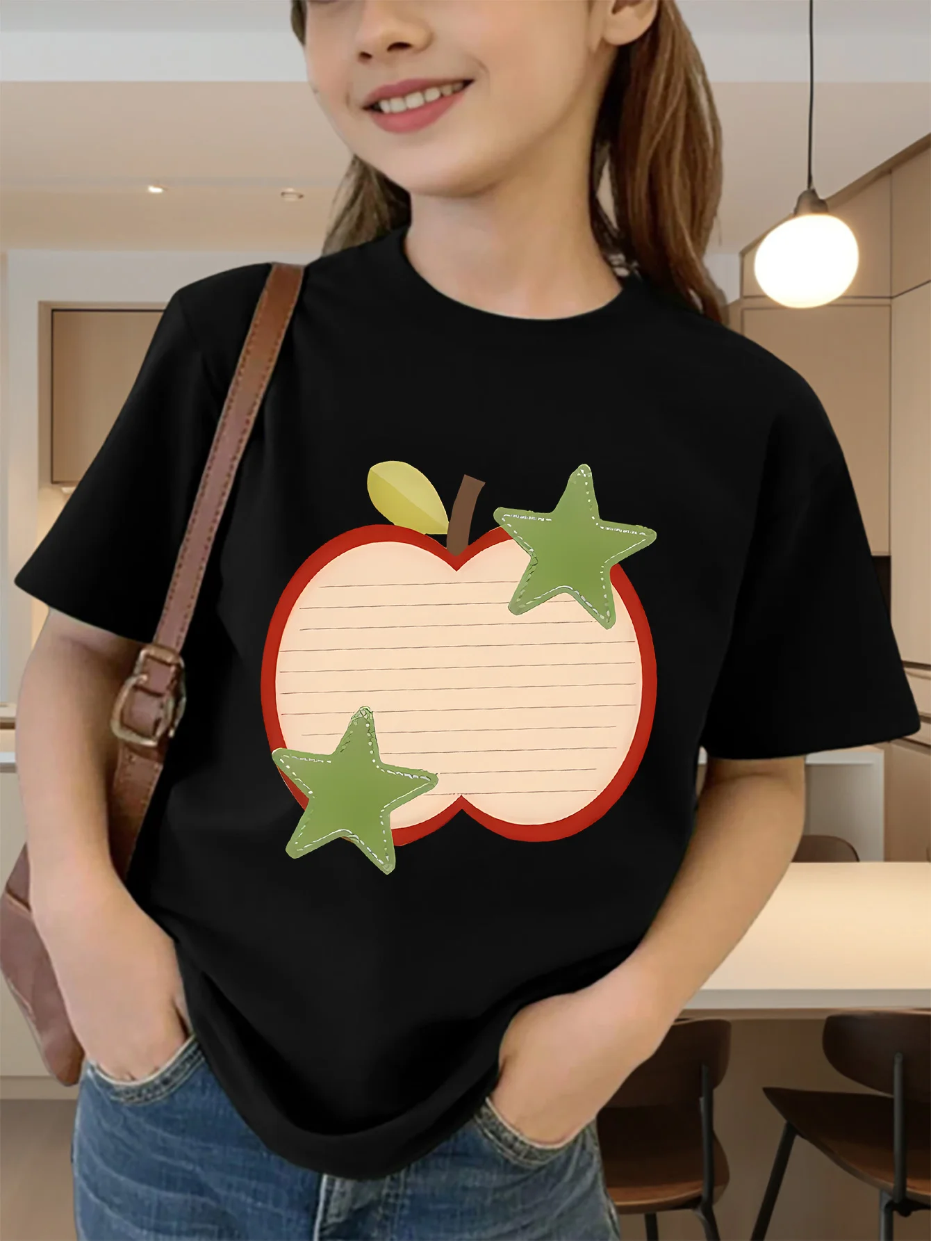 Cute Apple Notebook Green Star Print Graphic Kids Tee Boys Girls Family Matching Cotton Crew Neck Short Sleeve Soft Summer Tee