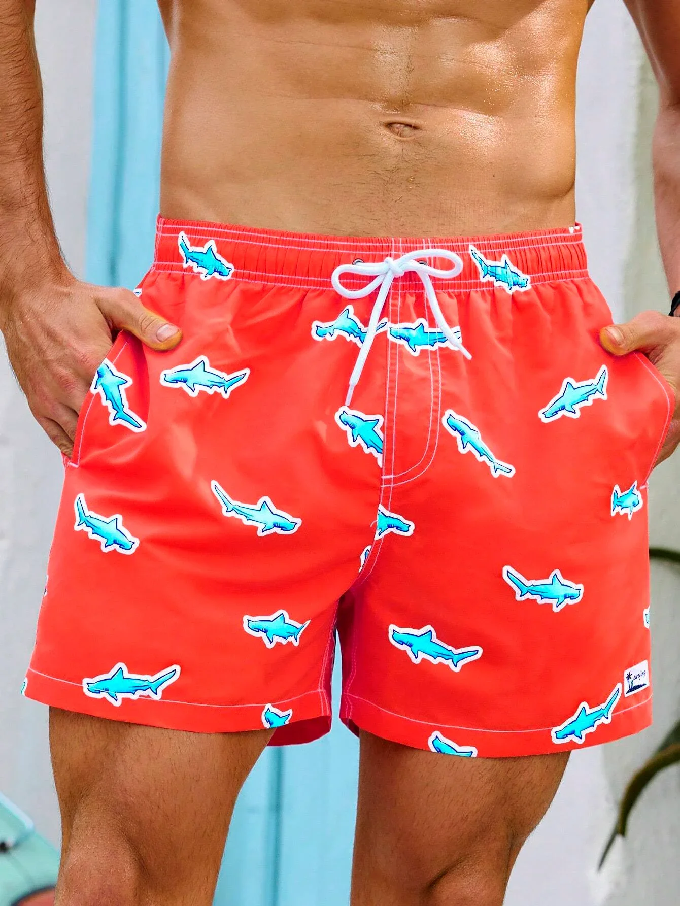 

PopSummer Vacation Mens Shark Printed Drawstring Beach Shorts Men's Swim Trunks 3D Print Breathable Short Streetwear Polyster