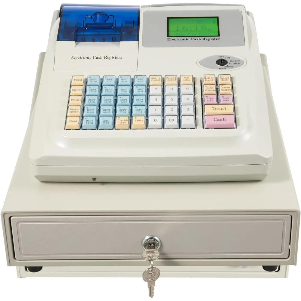 48 Keys Cash Register Electronic Pos System Cash Register w/Drawer Cash Box LED Display White Cashier Register with Keyboard