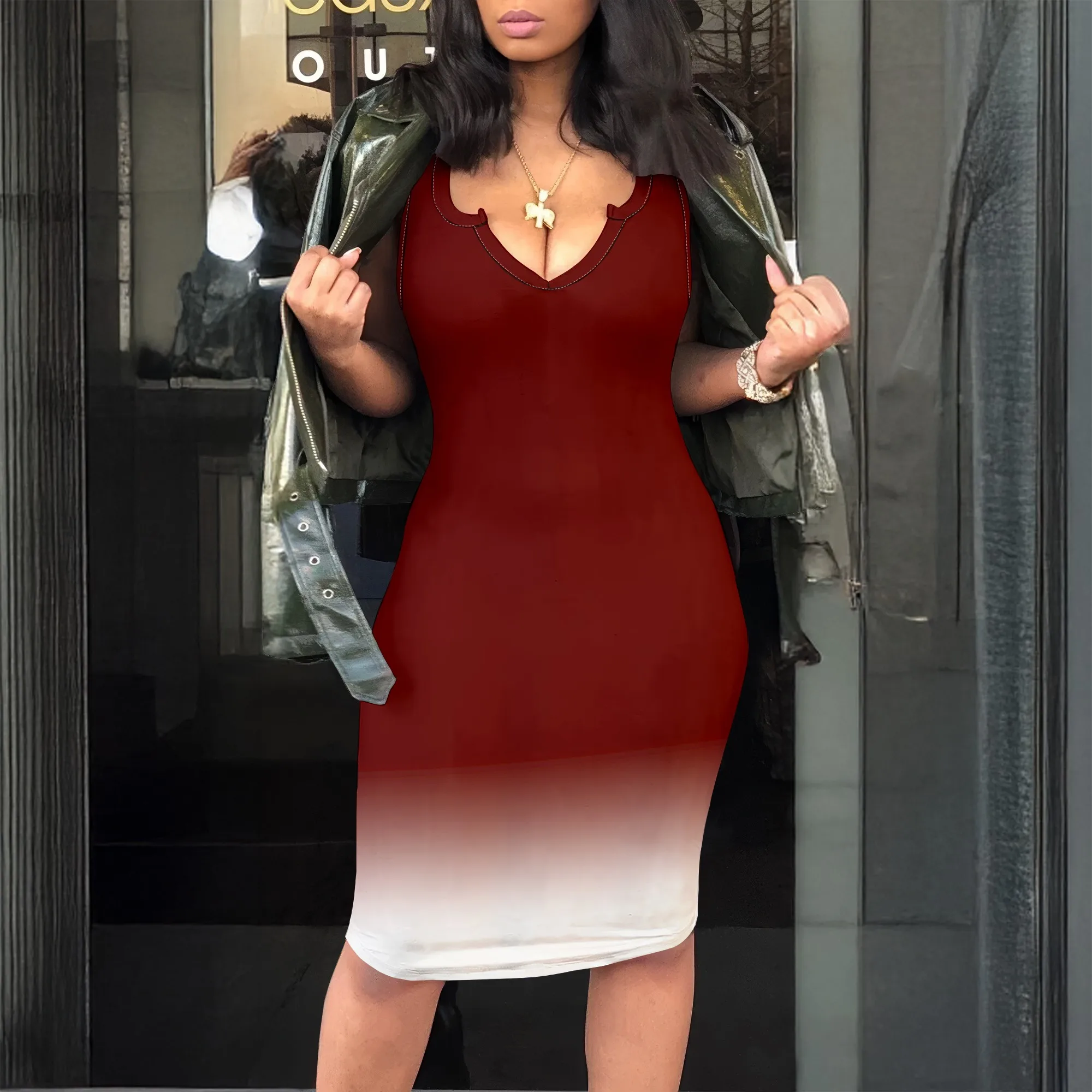 

Ombre Print, Sleeveless V-Neck Dress, Bodycon Midi, Casual Summer Wear, S-2XL