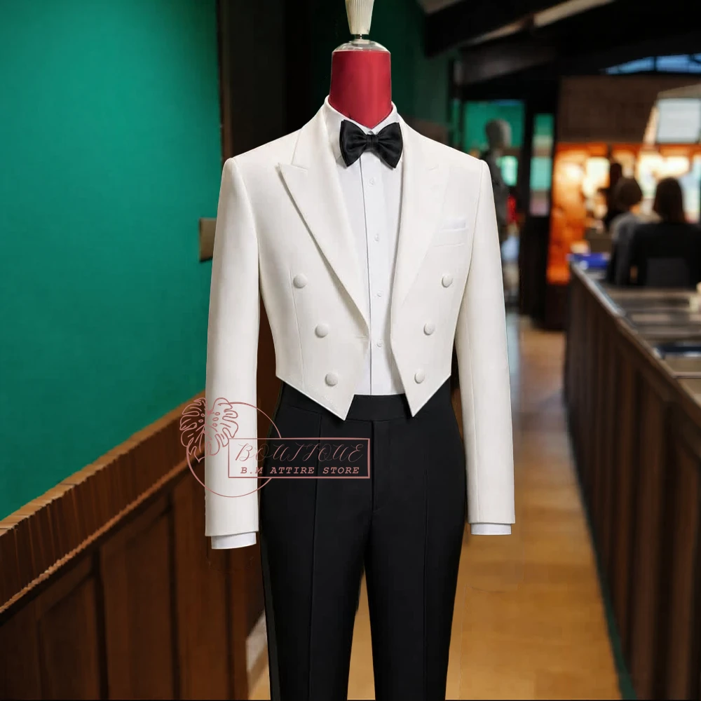 Ivory Men's Morning Tuxedo Suit 2pcs Slim Fit Tailcoat Double Breasted Blazer Black Pants Custom Set for Wedding Prom Party