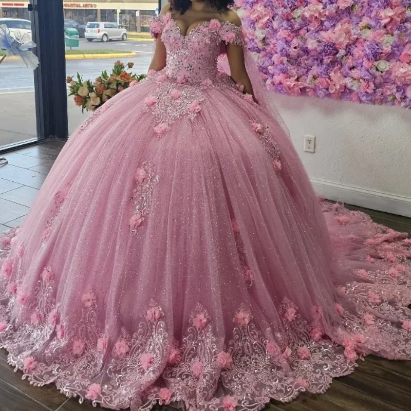 Saudi Arabic Pink Princess Quinceanera Dressss With Sleeve Cape Cap Sleeve Flower Vestido De XV Anos Brithday Party Gown Prom