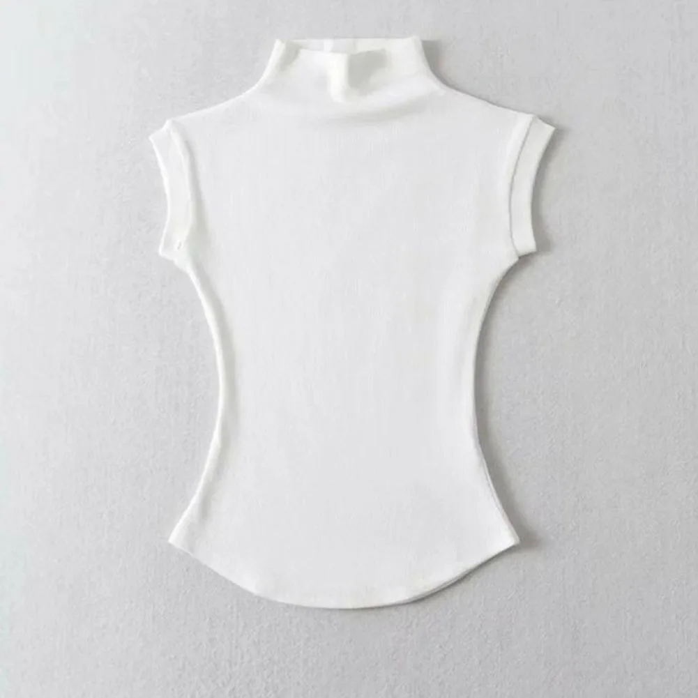 Solid Color Short-Sleeve Shirt for Women with Half-High Neck Collar Regular Length Fabric Offers Moderate Elasticity