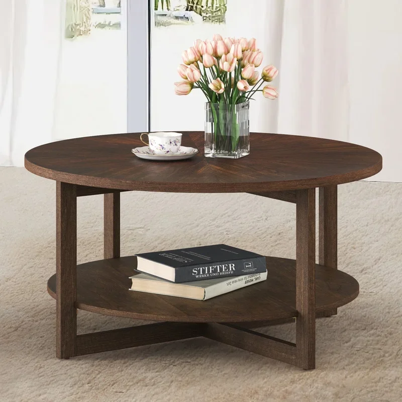 

35'' Wood Round Coffee Table with Storage for Living Room