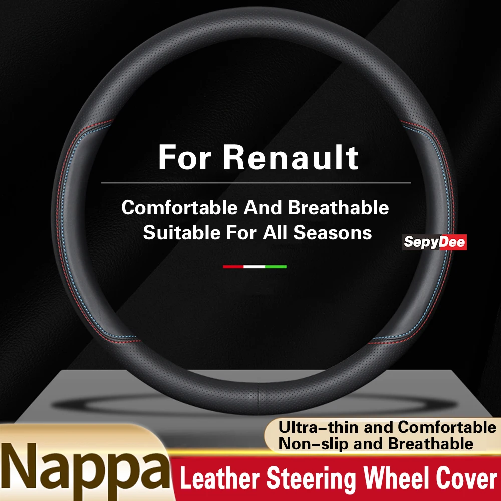 15 Inch Universal Nappa Leather Car Steering Wheel Cover for Renault Captur Clio Fluence Megane Zoe Non-Slip Breathable