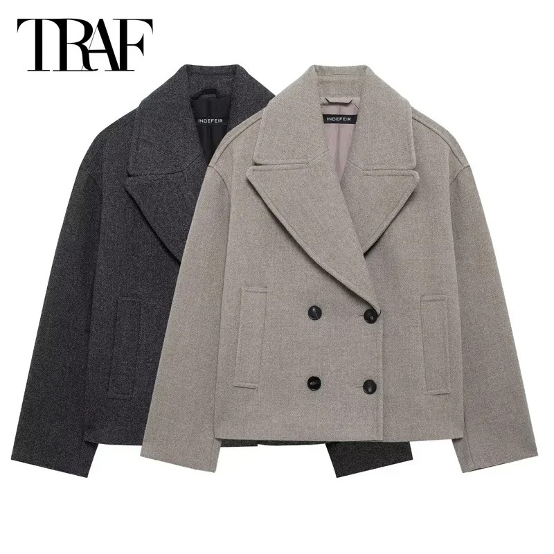 TRAF-Chaqueta corta de lana y mezclas para mujer, abrigos elegantes, prendas de vestir a la moda, color negro y gris, temporada media, 2024