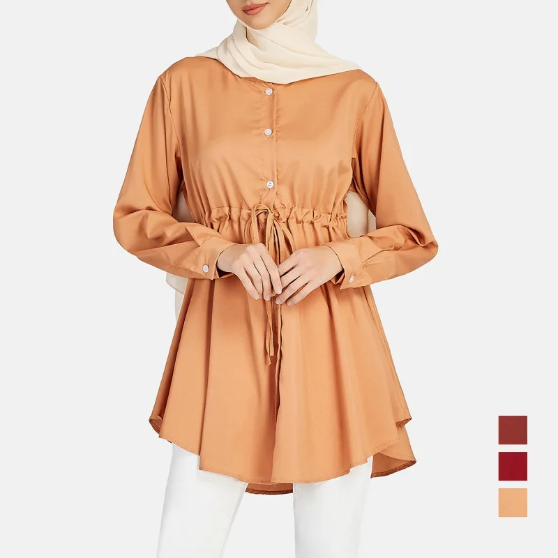 New Muslim Waist Solid Color Chiffon Shirt Dress Long Sleeve Top Malaysian Women's Clothing Dress for Women Robe De Soiree Luxe