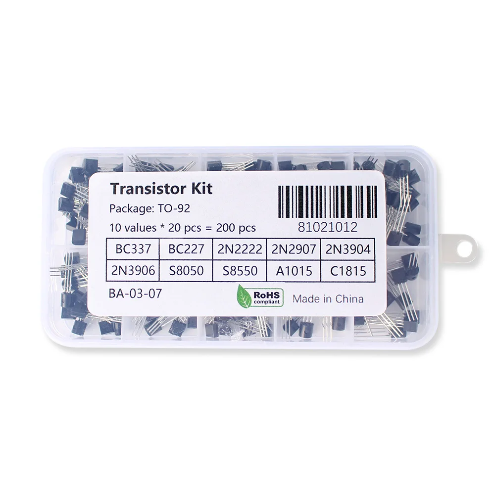 200Pcs Transistor Kit BC337 BC327 2N2222 2N2907 2N3904 2N3906 S8050 S8550 A1015 C1815 PNP/NPN 10 Values TO-92 Transistors Set