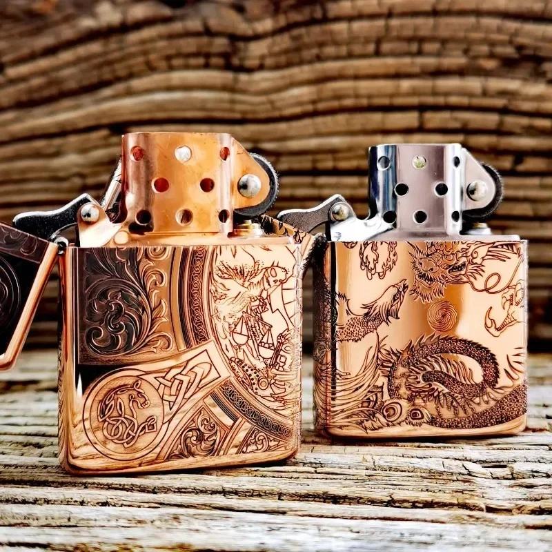 Windproof Zorro 902 Pure Copper Kerosine Lighter, Retro Lighter with Five-sided Fine Carving, Smoking Accessories