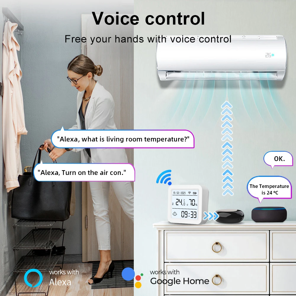 Sensor inteligente de temperatura y humedad con WiFi, Monitor remoto con retroiluminación, pantalla LCD, compatible con asistente de Google y Alexa, Tuya