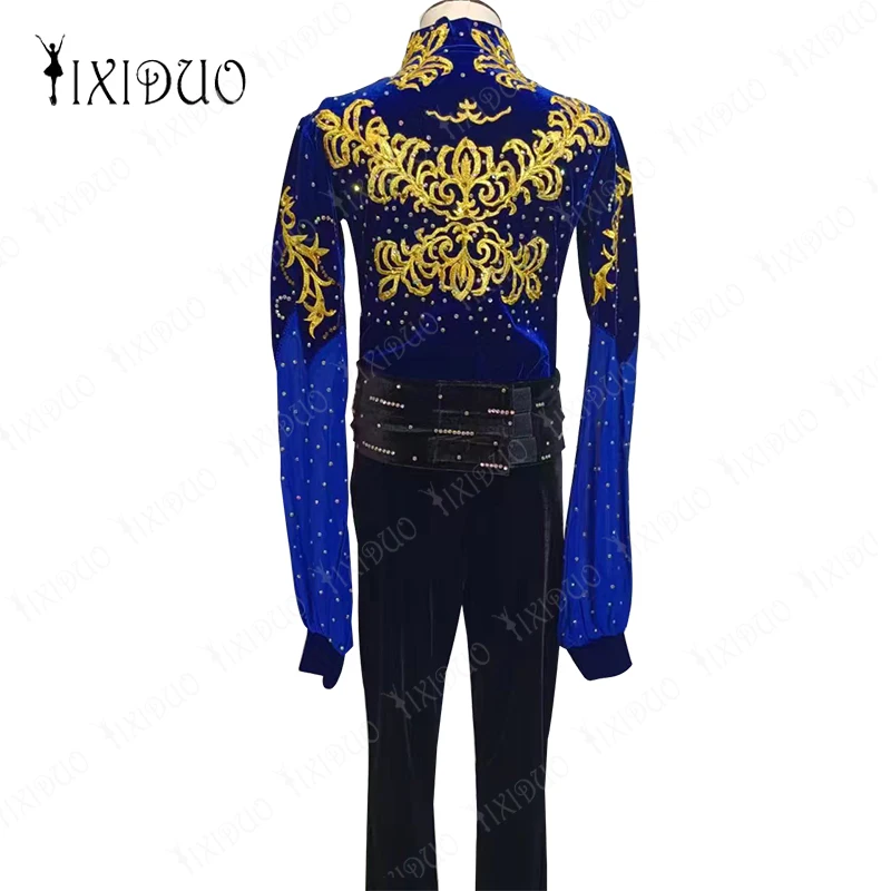 Figure Skating Performance Costume Ballet Dance Gymnastics Yoga Leotard Long Sleeve Shiny Rhinestone Men\'s Skating Suit + Pants