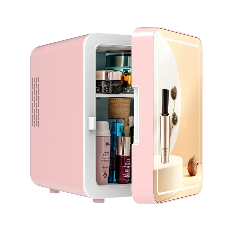 Tragbarer 4-Liter-Kosmetikkühlschrank – Mini-Beauty-Kühlschrank mit LED-Licht und Spiegel für die Hautpflege (12 V, Rosa, Schlafzimmer/Bürogebrauch) ​