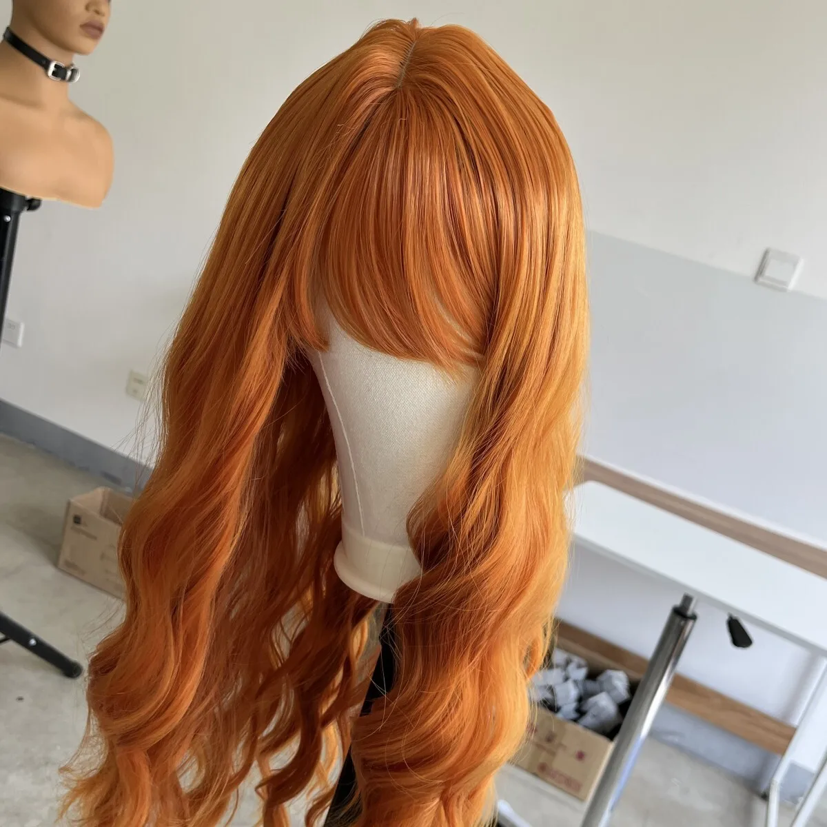 

Orange Cosplay Wig With Bangs Heat resistant hair Synthetic Long Wavy Halloween