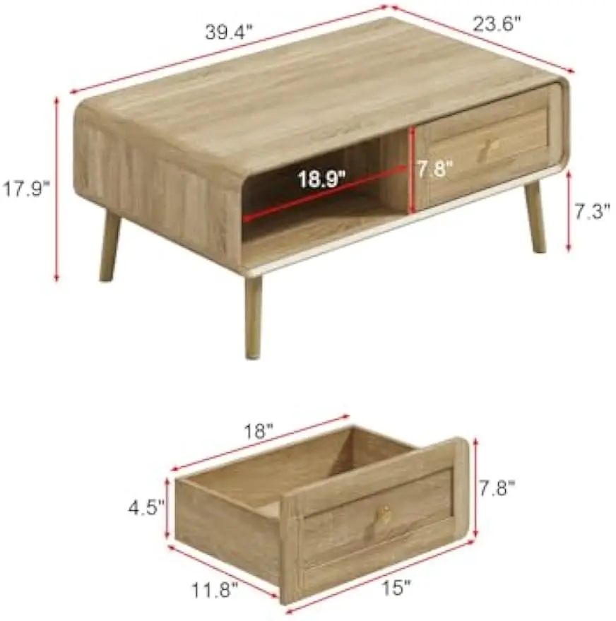 Coffee Table with Drawer & Open Shelf, Central Table Living Room Table with Solid Wood Legs, Rattan Drawer Surface