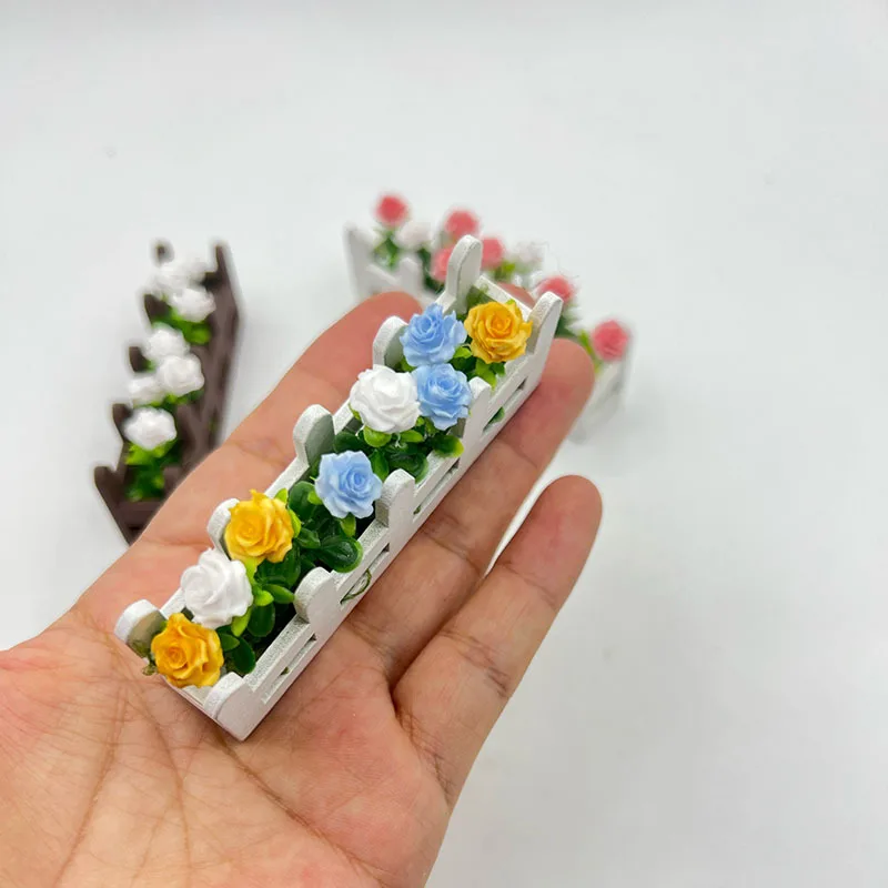 1pc Miniature Rose Fence Flower Set Decoration, Photo Prop Model, Miniature Balcony Partition, Mini Potted Home Decoration