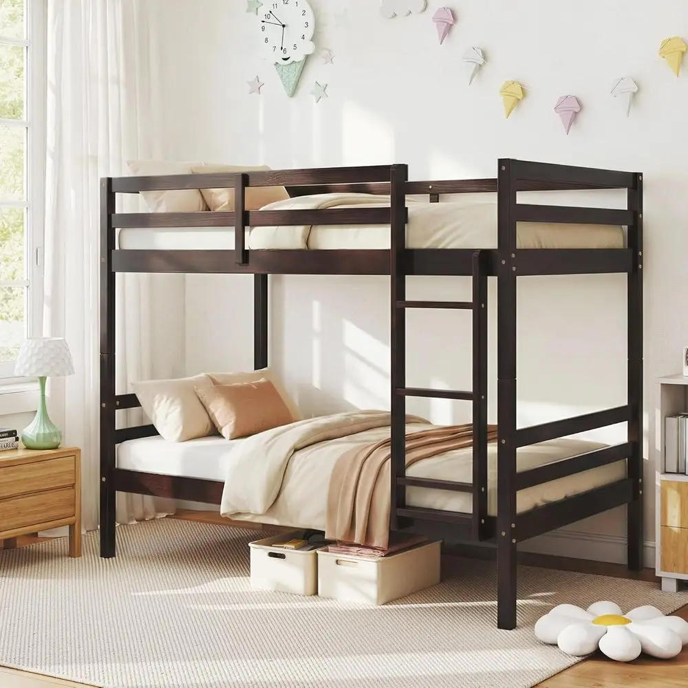 Twin Over Twin Bunk Bed for Kids, Solid Wood Bunk Bed Frame with 13