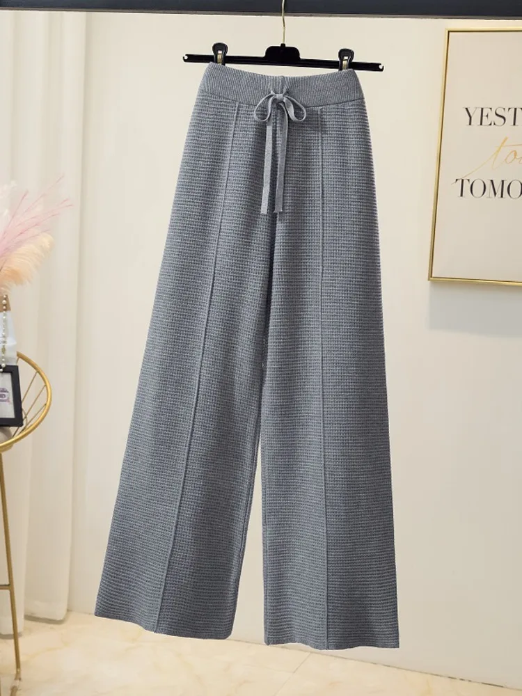 

Autumn Winter Thicken Warm Knitted Pant For Women High Quality Temperament Drawstring Elastic Waist Wide Leg Knitting Pants 2023