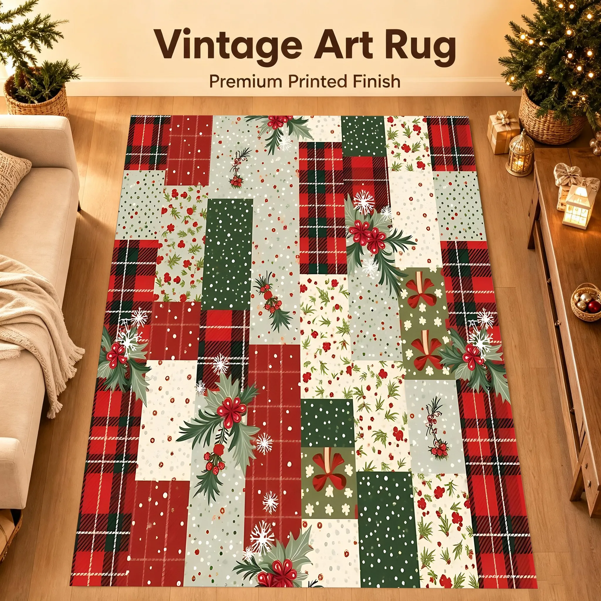 Christmas Patchwork Red Berries and Pine Branches Velvet Rug, Vintage Style, Perfect for Christmas in the Living Room, Bedroom, and Entryway, Warm and Cozy Autumn/Winter Decor