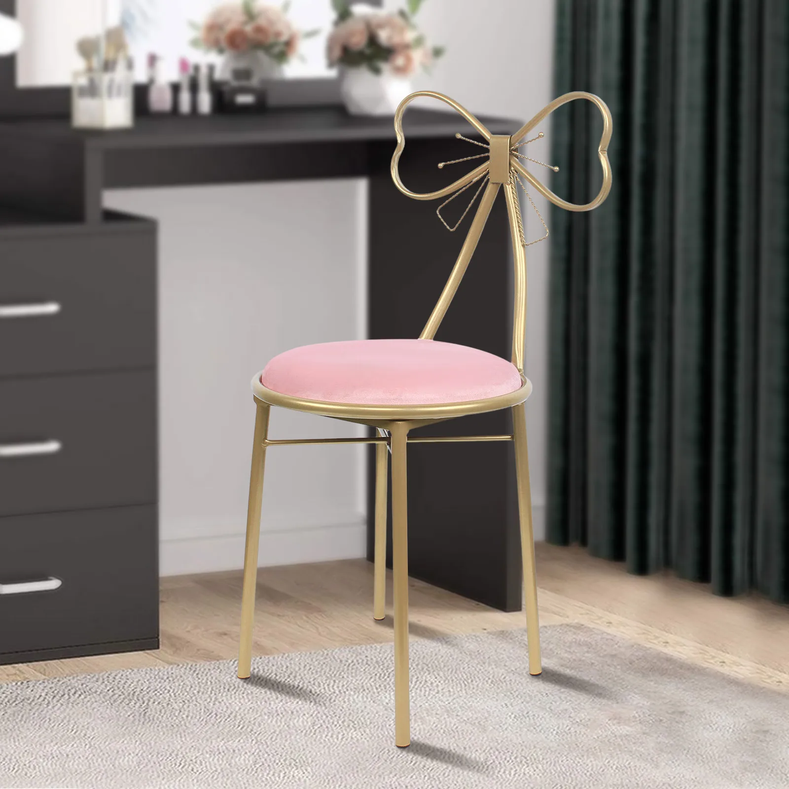 New Modern Simple Metal Dressing Table Makeup Chair With Stool Velvet Chair Pink