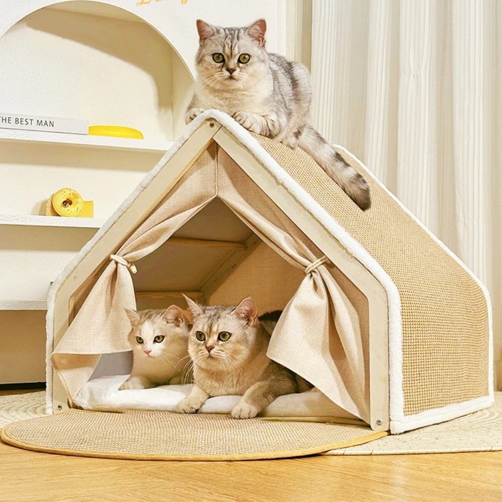 

Large Cat Villa,Cat house,with Door Curtain & Cushion for Pets Cats Kitten Indoor,Cat Teepee,Cat Scratcher,Cat Scratching Tree