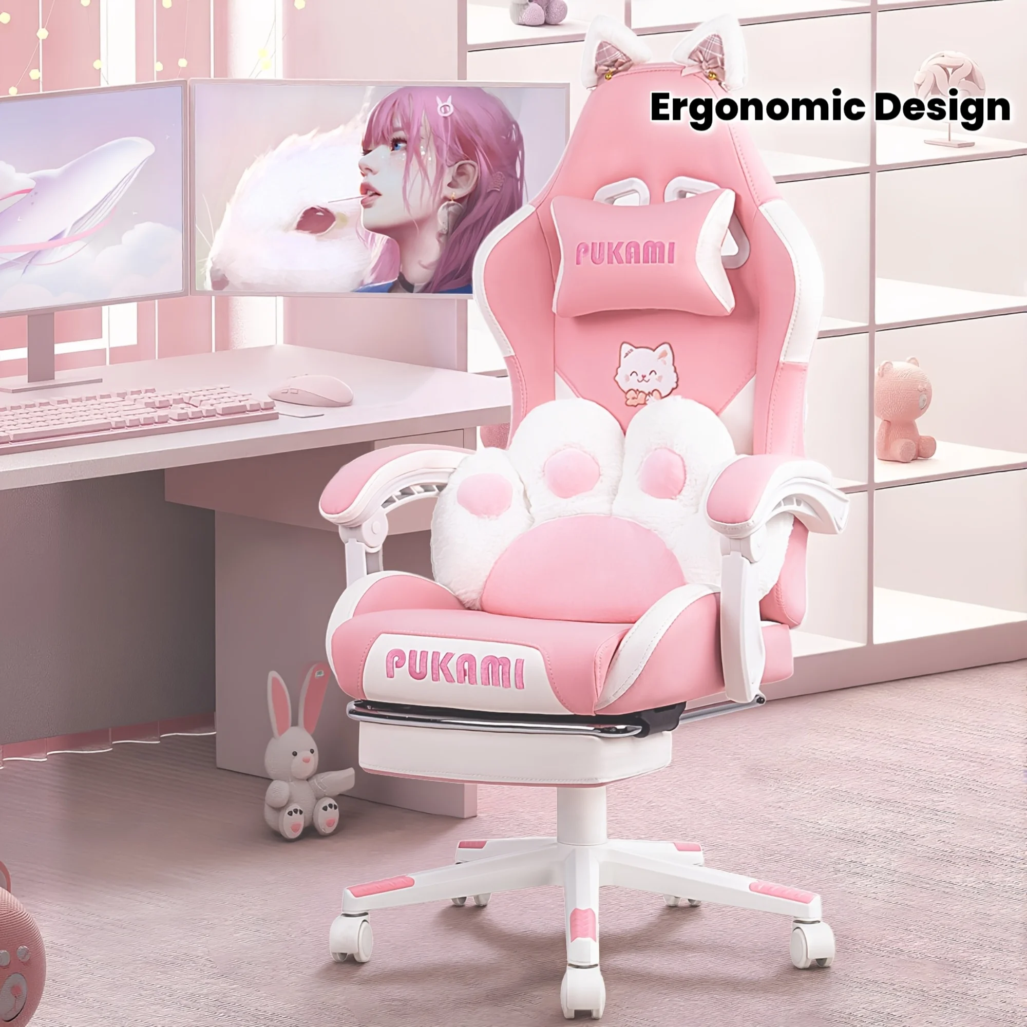 

Gaming Chair with Cat Ears And Cat Paw Cushion Pillow, Cute Computer Chair for Girl with Footrest, Ergonomic Gamer Chair