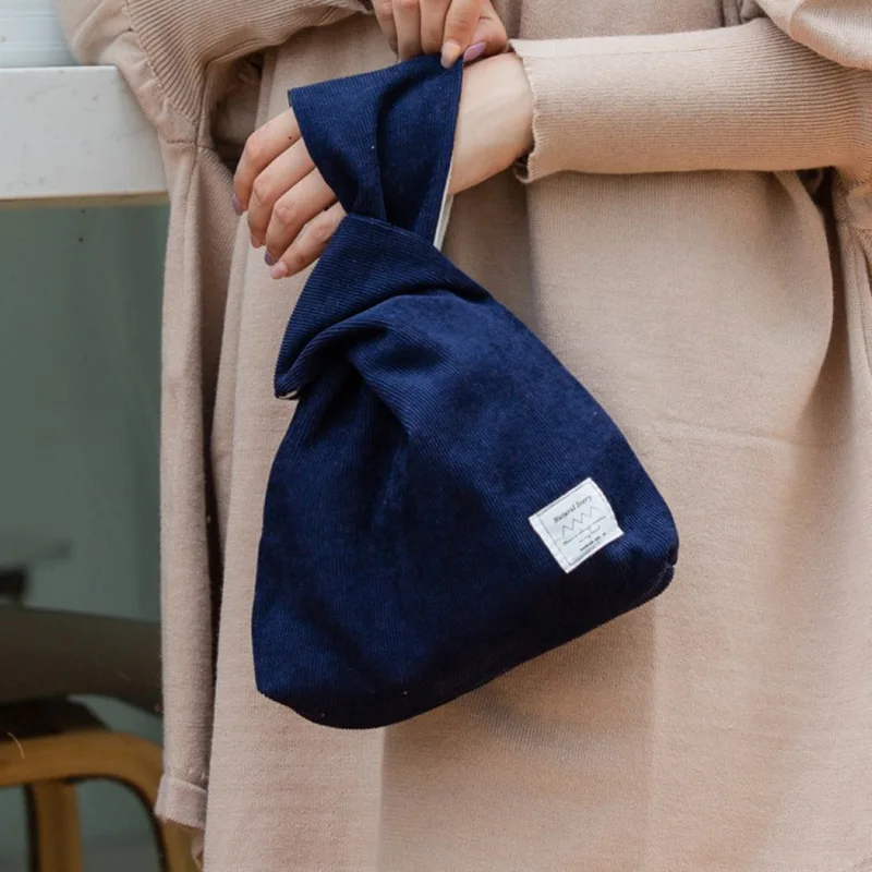 Women Knot Wrist Bag Handmade Knitted Bag Portable Mini Corduroy Tote Bucket Phone Bags Autumn Winter Handbags Coin Wrist Bag