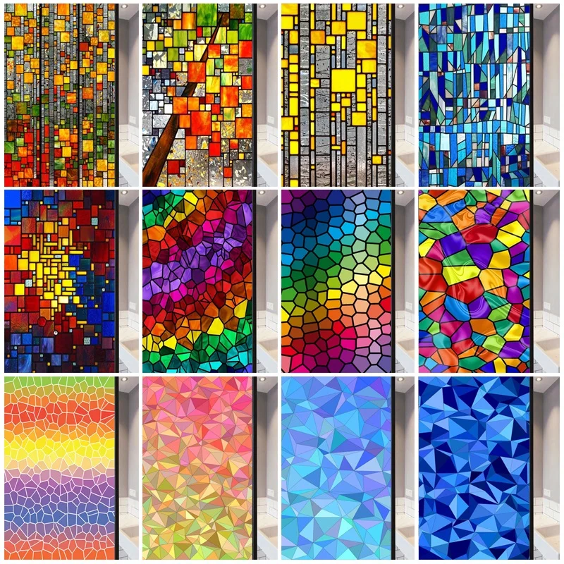 Frosted Stained Glass Window Film, Opaque  Privacy Static Cling , Home-Decor, Sun Catcher Rainbow Color, Window Covering