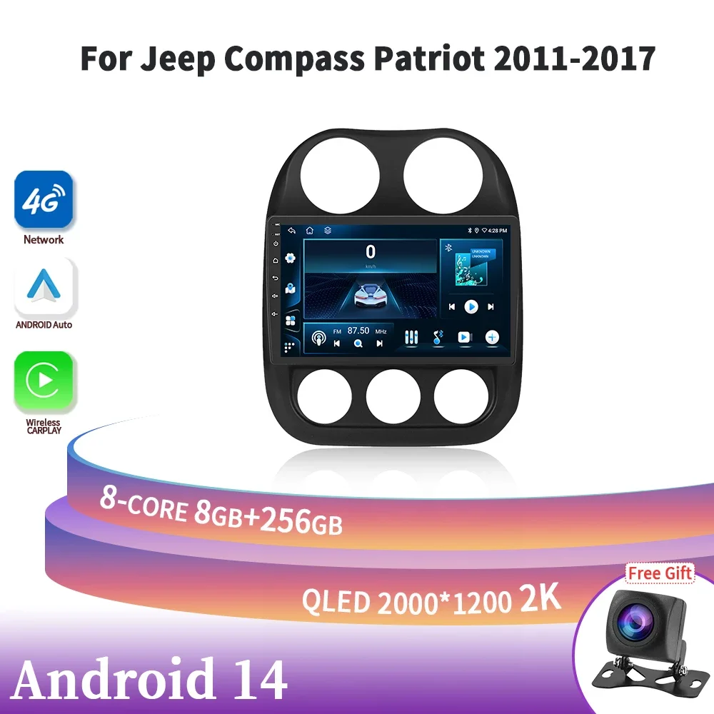 Car Radio Android 14 Player For Jeep Compass Patriot 2011-2017 Navigation 4G GPS Wireless Carplay Bluetooth Touch Screen Stereo