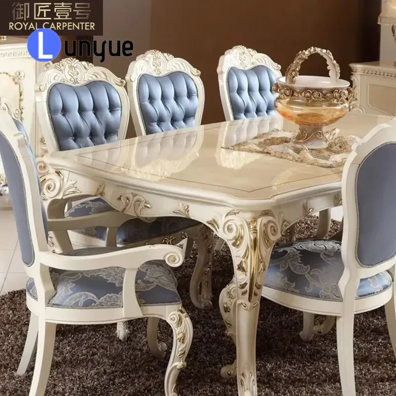 European Neoclassical Solid Wood Carved Dining Table with Fabric Chairs White Large Family French Style Furniture for Dining