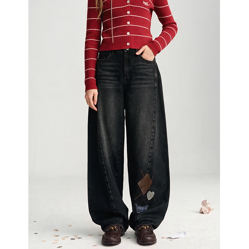 ELFSACK Women's Loose Wide Leg Jeans with Ripped Embroidered Detail, Casual Vintage Denim Pants for Daily Wear
