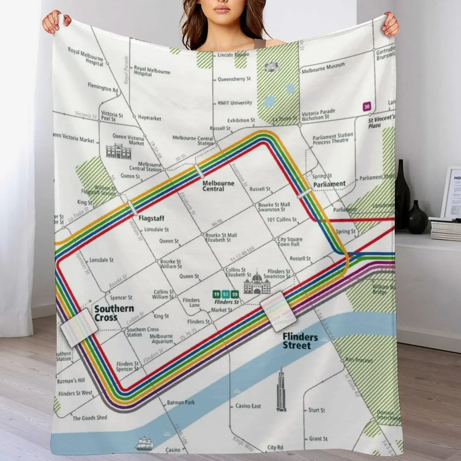 

Melbourne City Rail Map Square Throw Blanket Fuzzy Plush Throw Blanket for Sofa Chair
