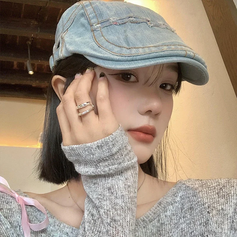 男性と女性のための色あせたデニムフォワードハット,大きな頭のフラットベレー帽,屋外の日よけ,日本の帽子,2022