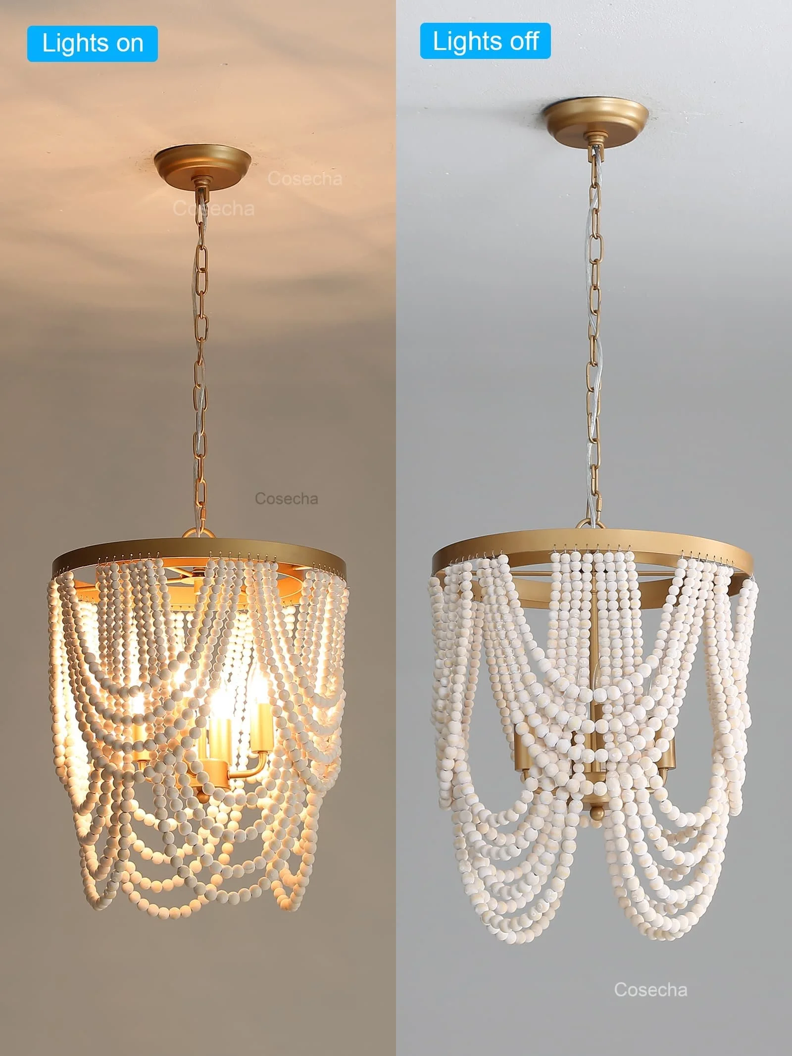 Gold Chandelier Wooden Beaded Lighting Fixture Fringe Hanging Light Kitchen Baby Kids Room Foyer Bedroom Dining Room Wood Lamp