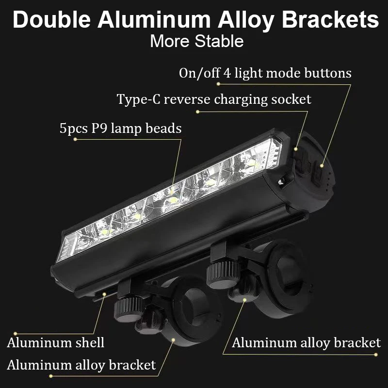 자전거 라이트 5P90 LED 전면 더블 브래킷 보조배터리, MTB 산악 자전거 램프, 자전거 헤드라이트, 사이클링 액세서리 테일, 10000mAh