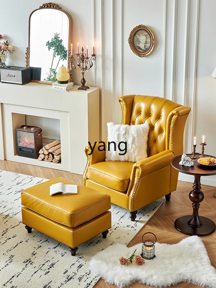 Yjq Genuine Leather Sofa Pedal Solid Wood First Layer Cowhide Leisure Chair Combination Retro