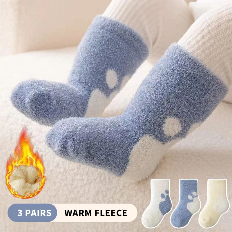 3 Pairs Unisex Newborn Baby Socks Soft Mink-like Fabric Solid Colour Bear Paw Design for Boys And Girls
