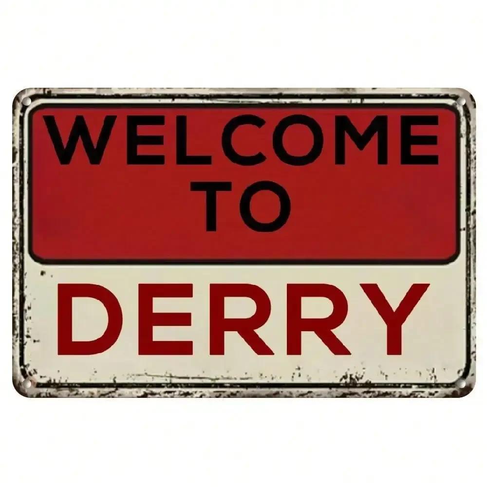 Letrero de bienvenida de metal Derry, decoración de pared de Stephen King IT, decoración vintage de hierro resistente para el hogar