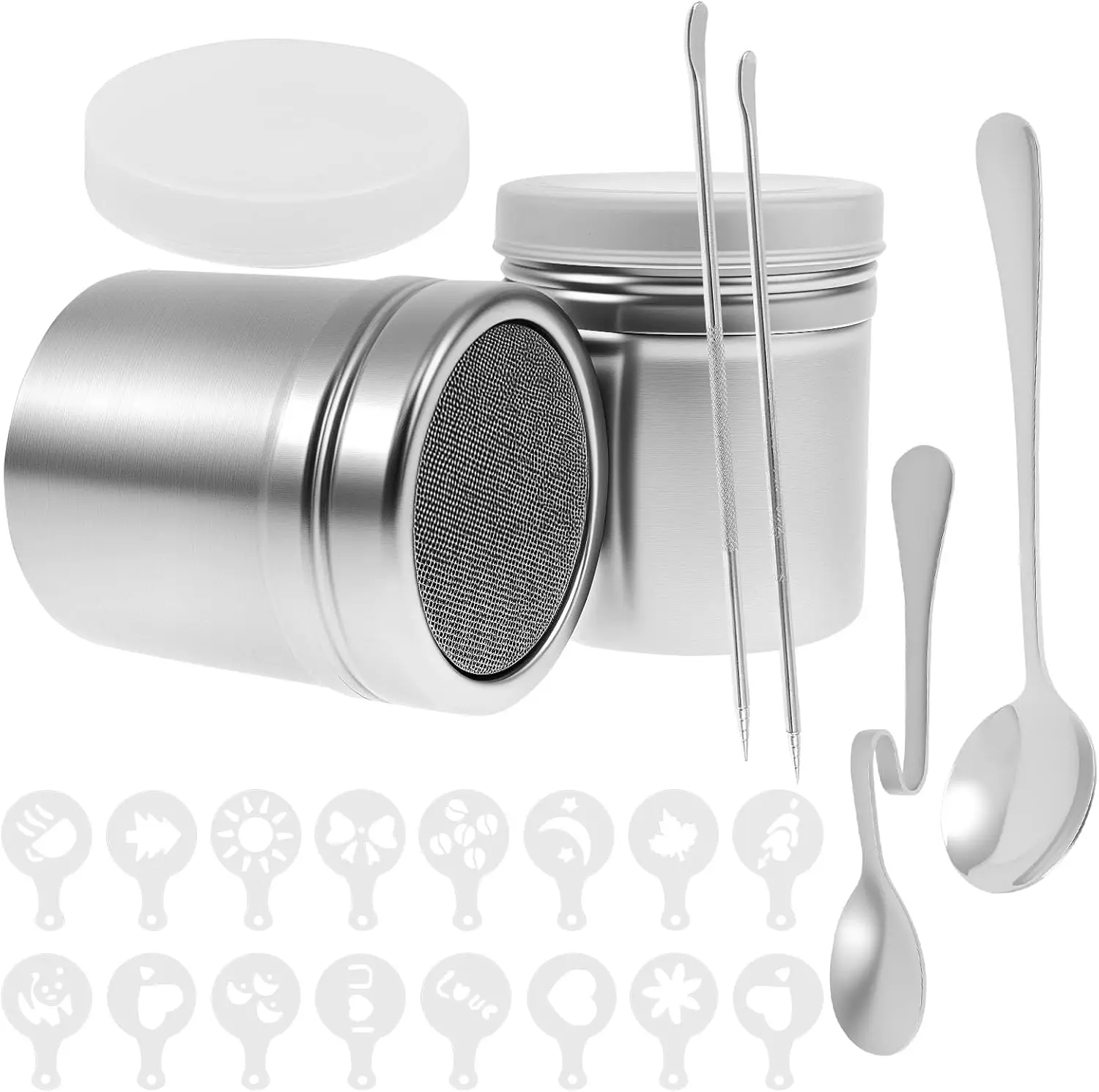16Pcs Barista Latte Art Stencil Set with Stainless Steel Shakers - Coffee Mold Templates for Cappuccino Chocolate & DIY Desserts