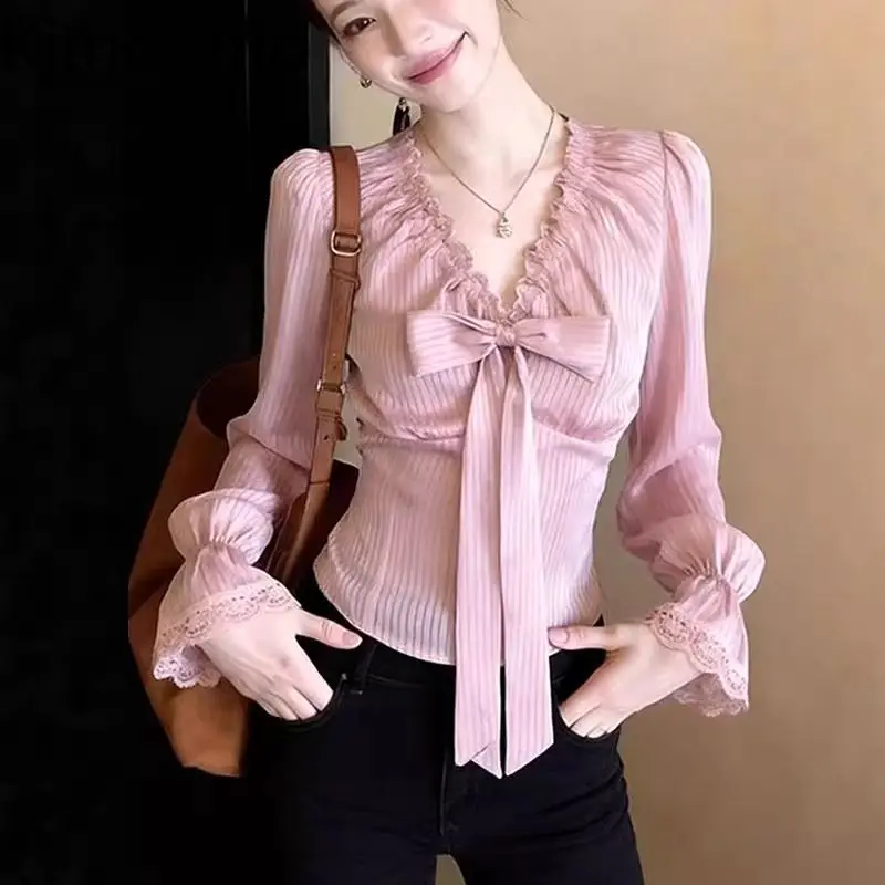 Kimotimo Long Sleeve Shirt Women Sweet V Neck Bandage Bow Flare Sleeve Slim Waist Crop Top Autumn Fashion Y2k Spicy Girl Blouse