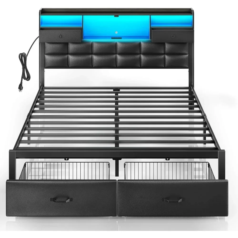 Queen Size Bed Frame, Drawers and Charging Station, Heavy Duty Metal Frame Support, Noise Free, Bed Frame