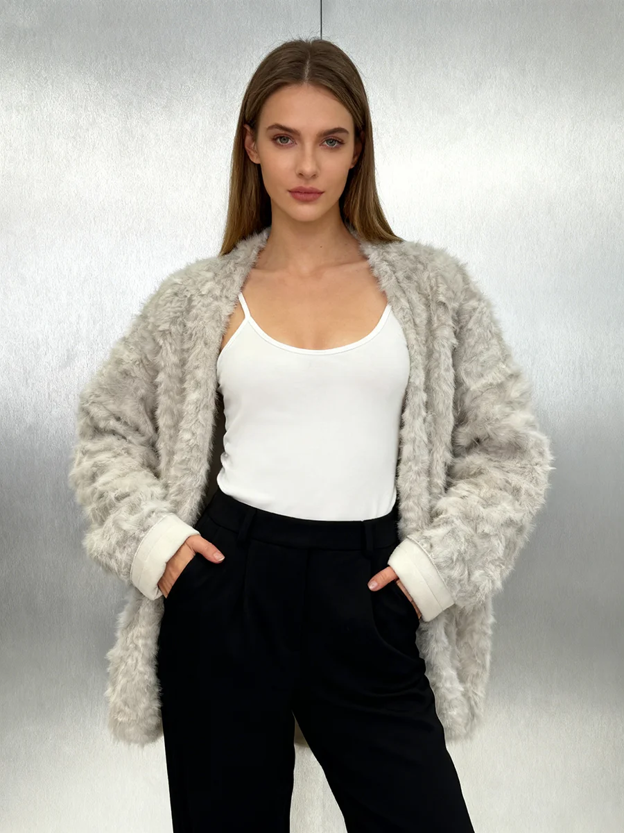 TWOTWINSTYLE Solid Loose Spliced Flocking Casual Jackets for Women V Neck Long Sleevs Minimalist Jacket Female Winter Clothing