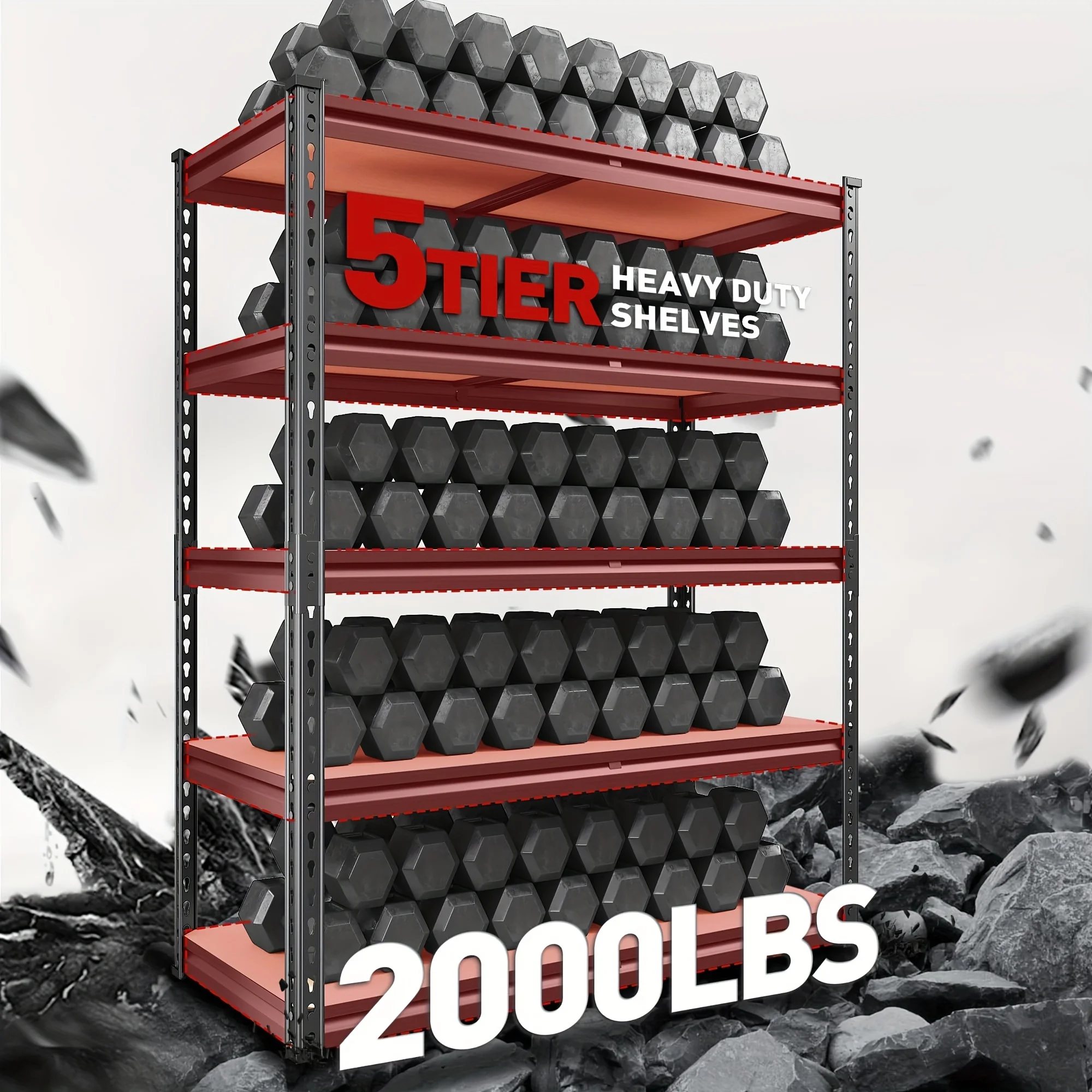 وحدة رفوف شديدة التحمل مكونة من 5 طبقات بسعة 2000 رطل - رف تخزين صناعي 72 بوصة عرض × 36 بوصة عمق × 16 بوصة ارتفاعًا، أرفف جراج سوداء غير لامعة