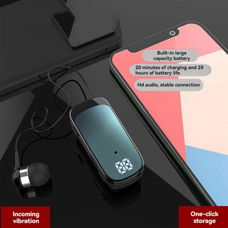 K65 Tie-Clip Retractable Wired Bluetooth Headset In-Ear Digital Display Long-Life Business Single-Ear Headset