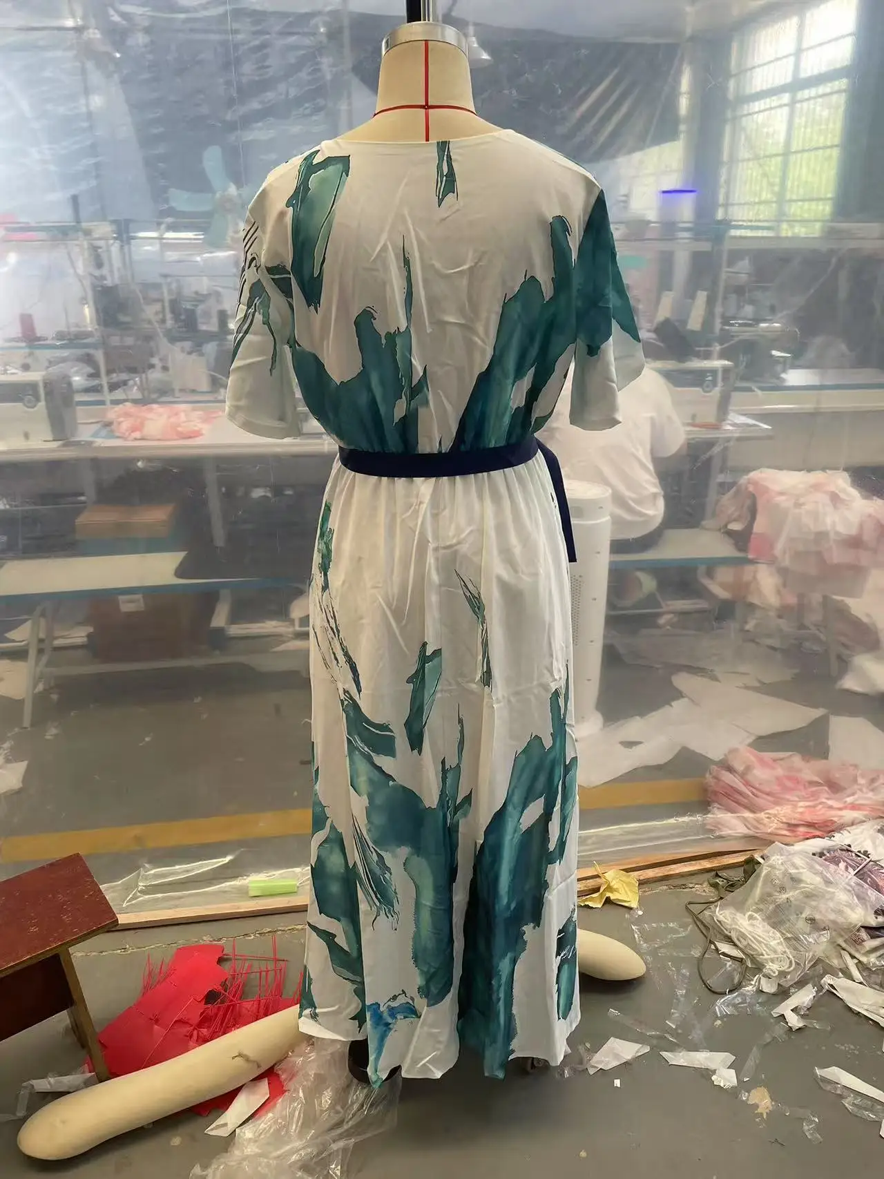 새로운 여성 드레스 반팔 하이웨이스트 슬림 우아한 잉크 프린트 레이스업 패션 이브닝 드레스