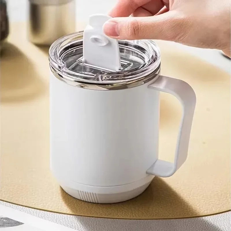 كوب مفرغ قابل للتسخين كوب قهوة من الفولاذ المقاوم للصدأ مع غطاء مقبض تصميم معزول للمنزل والمكتب كوب ماء للشرب أواني القدح