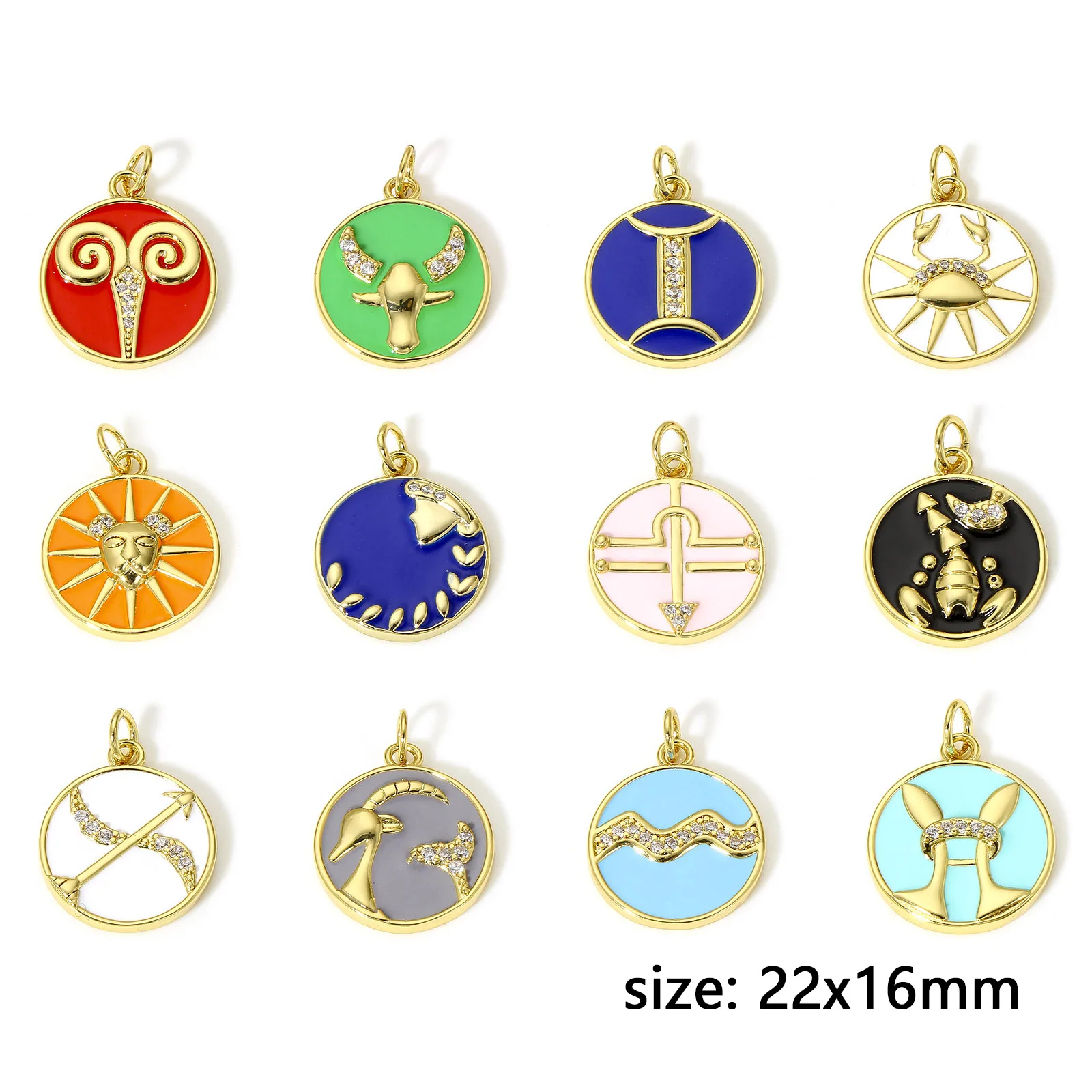 1Piece Copper Enamel Round Twelve Constellation Charms Pendant Pave Clear Cubic Zirconia For Diy Necklace Jewelry Making 22x16mm