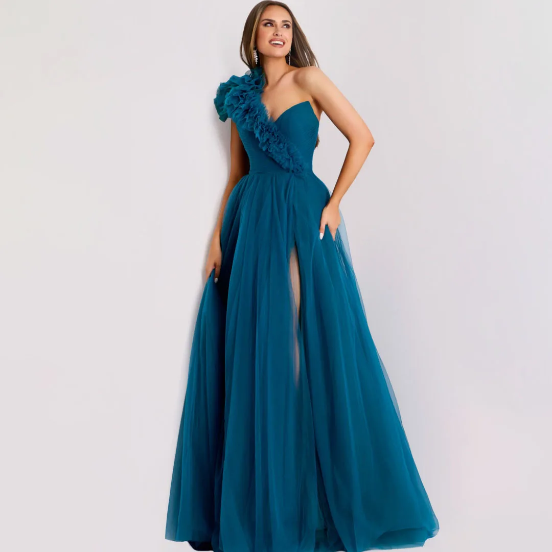 Pauwblauw Tule Een Schouder Galajurken Ruches Bloemen Chique Plooi Ruglooze Verjaardagsjurk Hoge Split Formele Avondjurk