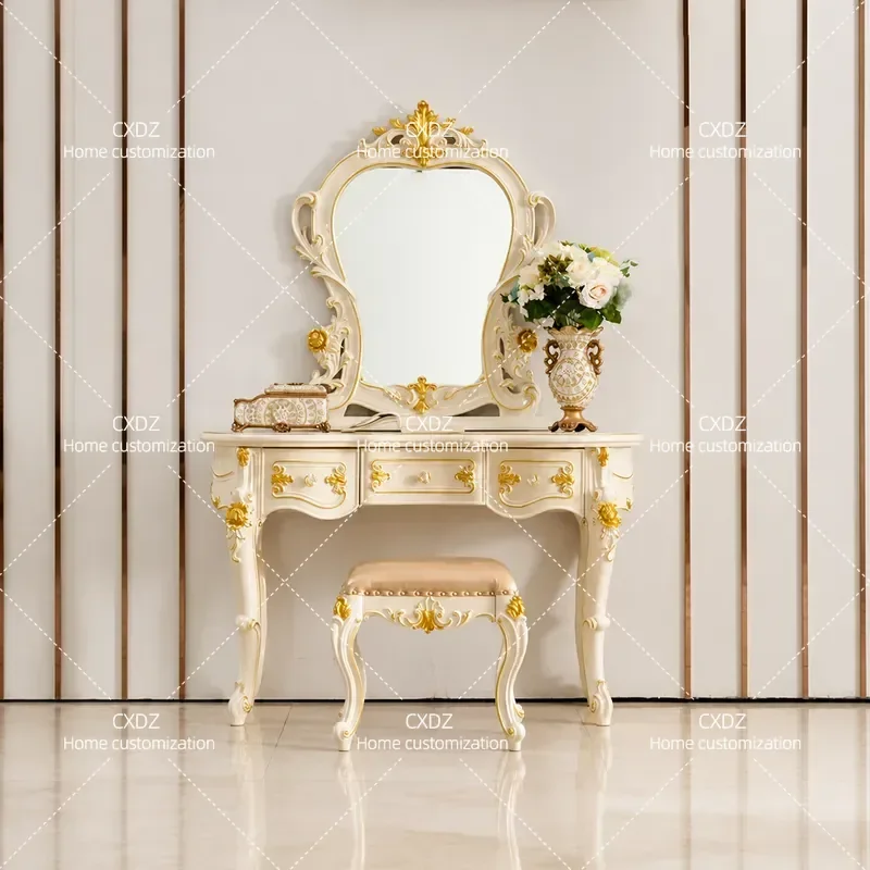 European dressing table Bedroom luxury dressing table Pearl white princess dressing table Master bedroom solid wood carving